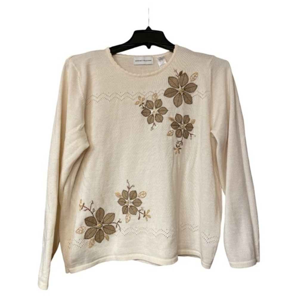 Alfred Dunner Wool Blend Sweater XL Floral Embroidered Beaded Party Ivory Gold‎